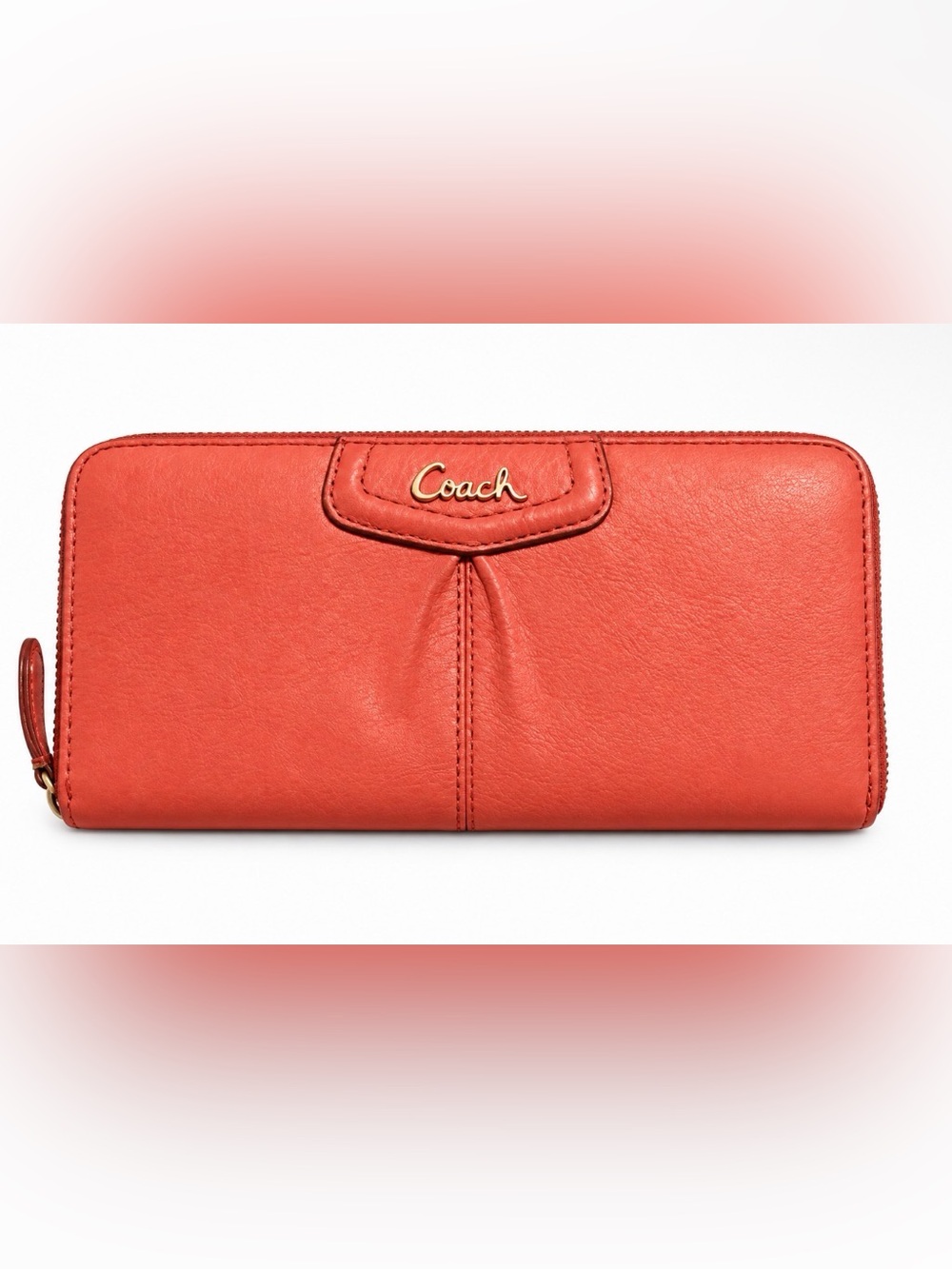 Coach Coral Orange Leather Zip Around Accordion Wallet Gold Hardware